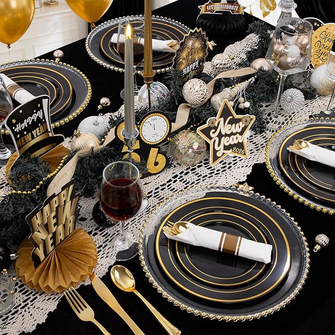 350 Pieces Black and Gold Plastic Plates with Disposable Silverware, Include 50 Dinner Plates 9”, 50 Dessert Plates 6.3”, 50 Black Cups 9 OZ, 50 Pre Rolled Napkins for New Year