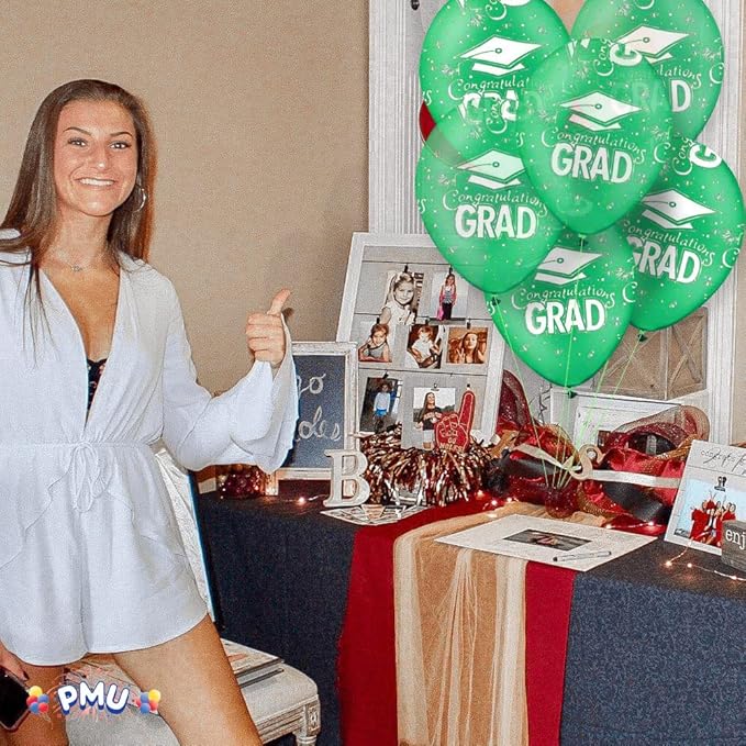 PMU 100 Pcs Crystal Green Graduation Balloons Class of 2025 with All-Over Print White Grad Caps-Confetti and Streamers | Graduation Party Supplies | Congratulations Grad Latex Balloons Latex