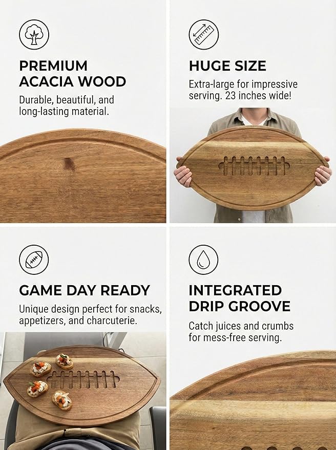 New – Giant Football Shaped Cutting Board – 23.5X14 INCH – Jumbo Size Acacia Wood Charcuterie Tray – Extra Large Wooden Football Serving Platter for Super Bowl Parties, Tailgate Hosting & Gifts