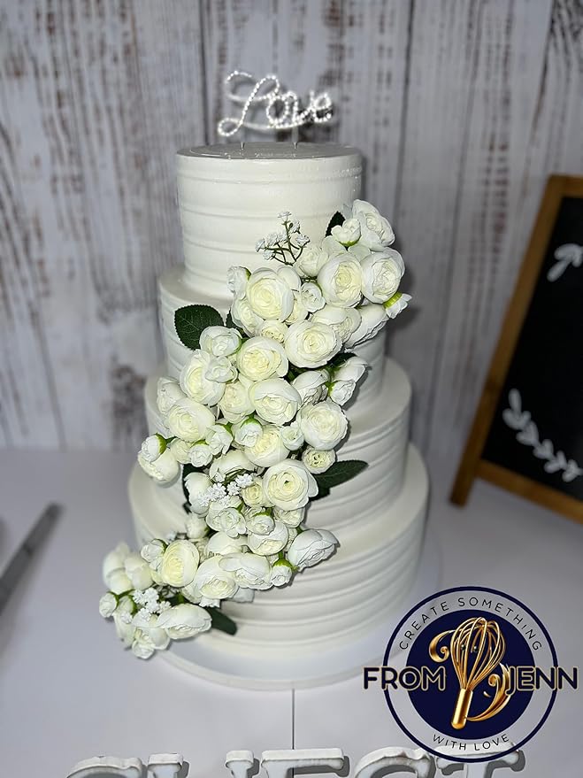 FromJennWithLove 4 Tier Fake Cake - 16'' Tall Ivory Cake with White & Ivory Flowers - Perfect With Wedding Cake Toppers & Cake Decorations for Event Planners, Wedding Coordinators, Special Events