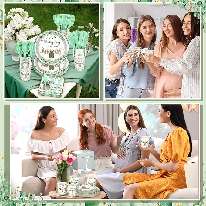 Dandat 350 Pcs Baby Shower Plates Set Baby Shower Party Supplies Serves 50 Tableware Sets Include Plates Napkin Cup Forks Knives Spoons Disposable Dinnerware (Boho,Green)