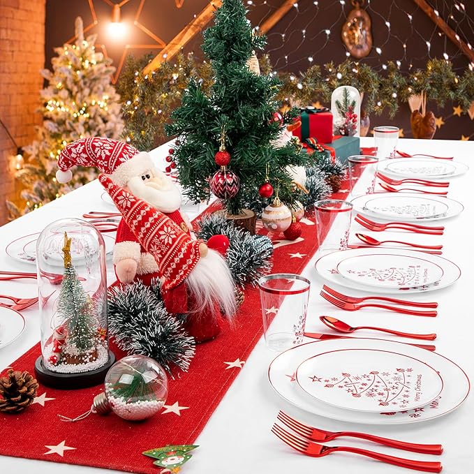 Supernal 150pcs Christmas Plastic Dinnerware Include Red Plastic Plates, Disposalbe Cups,Christmas Party Supplies,Red Plastic Silverware for Christmas Party and New Year