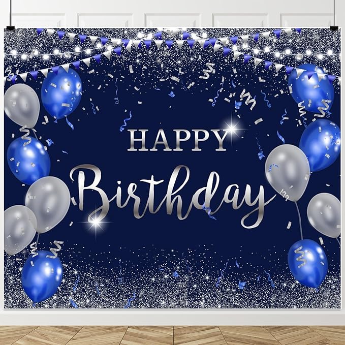 ChloropLastid Navy Blue and Silver Happy Birthday Backdrop 10x8ft for Women Men Girls Boys Birthday Party Decorations Banner Photography Background Happy Birthday Banner Decor Supplies