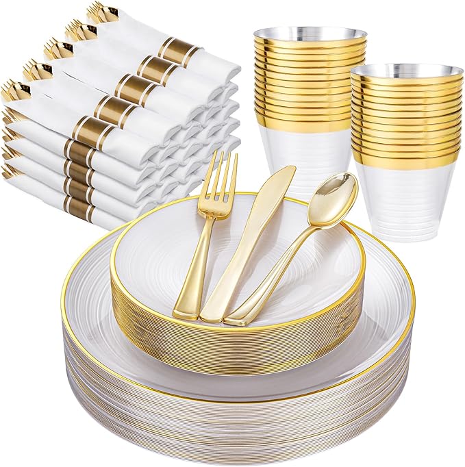 Morejoy 175PCS Pearl White and Gold Plastic Plates - Disposable Gold Party Plates & Pre Rolled Napkins with Cutlery for 25 Guests, 50Plates, 75Silverware, 25Cups, 25Napkin for Party & Thanksgiving