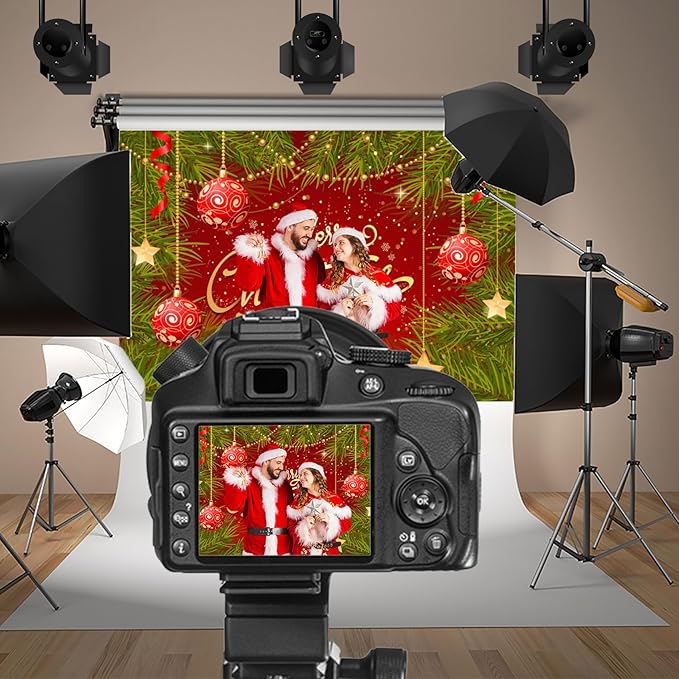 Baocicco 10x6.5ft Merry Christmas Backdrops for Photoshoot Green and Red Leaves Baubles Snowflake New Year Eve Banner Backdrop Xmas Party Decorations Winter Holiday Banner Photo Booth Studio Prop