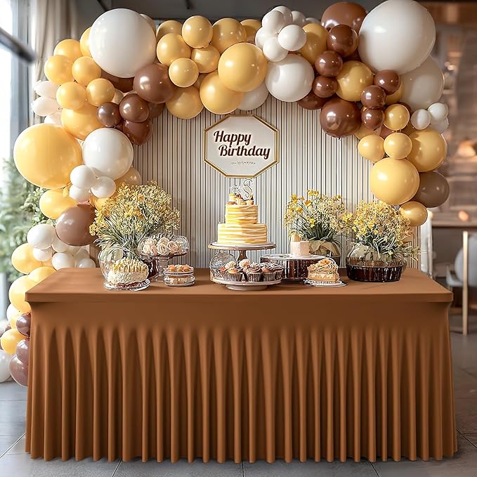 6 Packs Brown Table Clothes for 6 Foot Rectangle Tables, One-Piece Wrinkle Resistant Stretch Spandex Table Covers with Skirt for Event Banquet Wedding Birthday Party