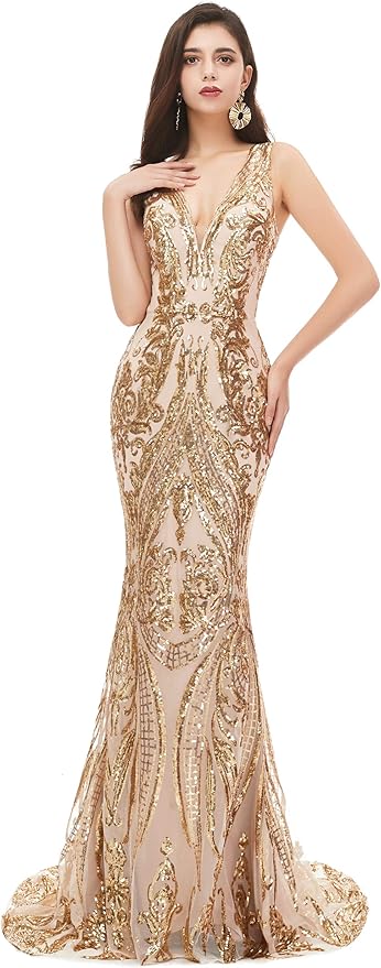 Women's Double V-Neck Sequins Lace-up Mermaid Evening Dress