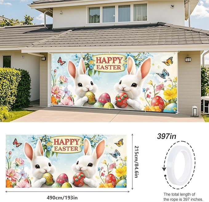 Happy Easter Garage Door Banner 7x16FT, Cute Bunny & Easter Eggs Garage Door Cover, Outdoor Spring Holiday Decoration for Garage, Front Yard, and Parties