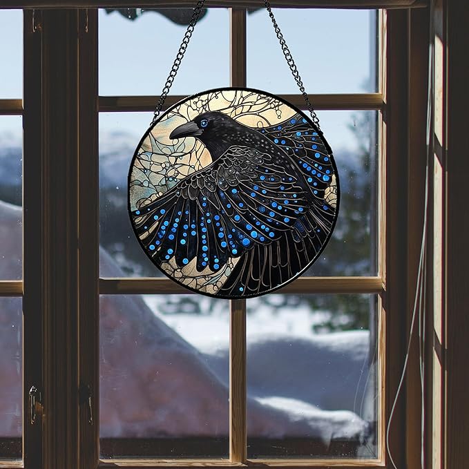 Stained Glass Window Hanging - Black Crow Big Wings Suncatcher for Doors Garden Patio Bird Sun Catchers Decor Christmas Mother's Day Birthday Gifts for Women Men Mom Nana Friend 11.8 in