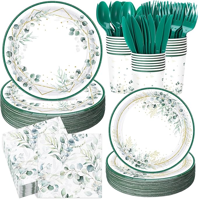 400 Pcs Sage Green Color Party Supplies Serve 50 Guests Eucalyptus Flowers Disposable Paper Plates Napkins and Cups for Bridal Baby Shower Birthday Wedding Party Decorations(Fresh)