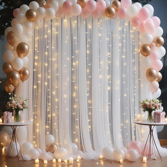 20x8ft White Tulle Backdrop Curtain with Lights String for Parites, Sheer Photo Backdrop Drapes with Lights for Wedding Ceremony Reception Bridal Shower Baby Shower Birthday Party