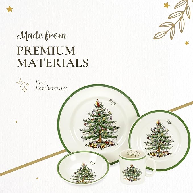 Spode Christmas Tree 4-Piece Dinnerware Setting - Fine Earthenware Holiday Tableware - Dishwasher & Microwave Safe, Festive Christmas Plates, Bowls, Mug - Holiday Dining Essentials