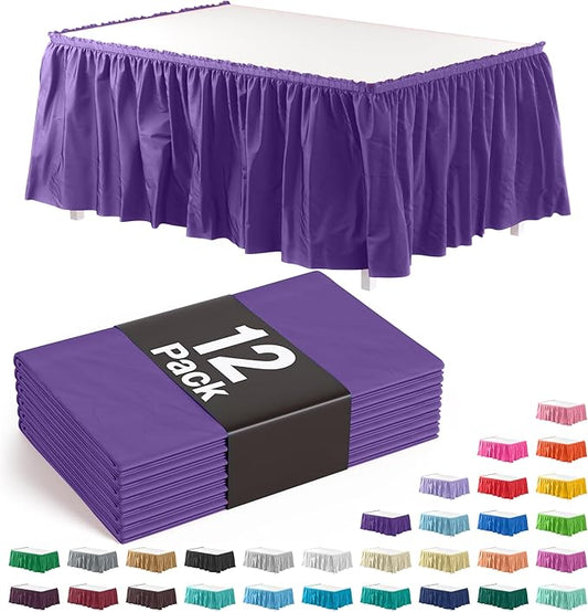 Exquisite Ruffle Table Skirt Purple 12 Pack 14 Ft Long Table Skirts for Rectangle Tables 6ft Plus or Round Tables Skirts with Adhesive Strip for Gender Reveal Decor & Happy Birthday Parties