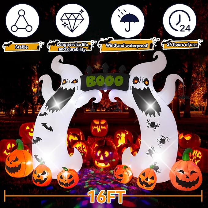 Halloween Inflatable, SHDEJTG 16 FT Giant Ghost Pumpkin Arch Inflatable Decoration with Rotating LED Color Light for Outdoor, Holiday, Party, Yard, Garden