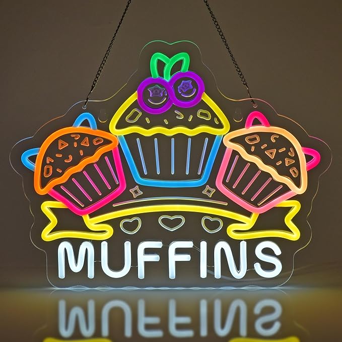 Muffins Neon Sign, Neon Lights Hanging Wall Art Decoration for Bakery Café Restaurant Snack Bar Pastry Shop Party Home Decor, USB Powered Ultra Bright Dimmable, 16.14×12.6inches
