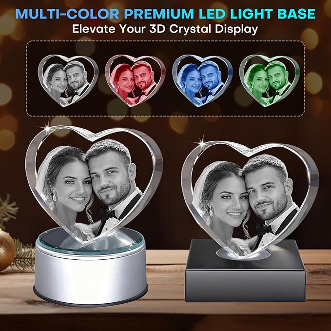 Custom 3D Crystal Photo Heart Large – Premium: Multicolor LED Base, Gift Wrap & 3D Card; Ready to Gift for Grandma & Family