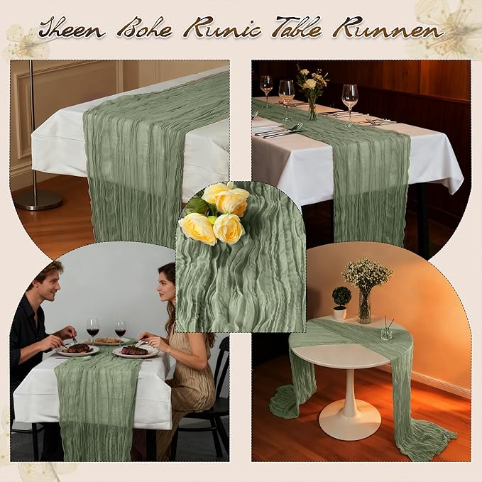 16Pack Green Cheesecloth Table Runners – Boho Gauze Vintage Table Decor, 120 Inch Long Rustic Cloth Runner for Wedding, Bridal Shower, Birthday, Romantic Party 10Ft (Dusty Green, 24" x 120"-16Packs)