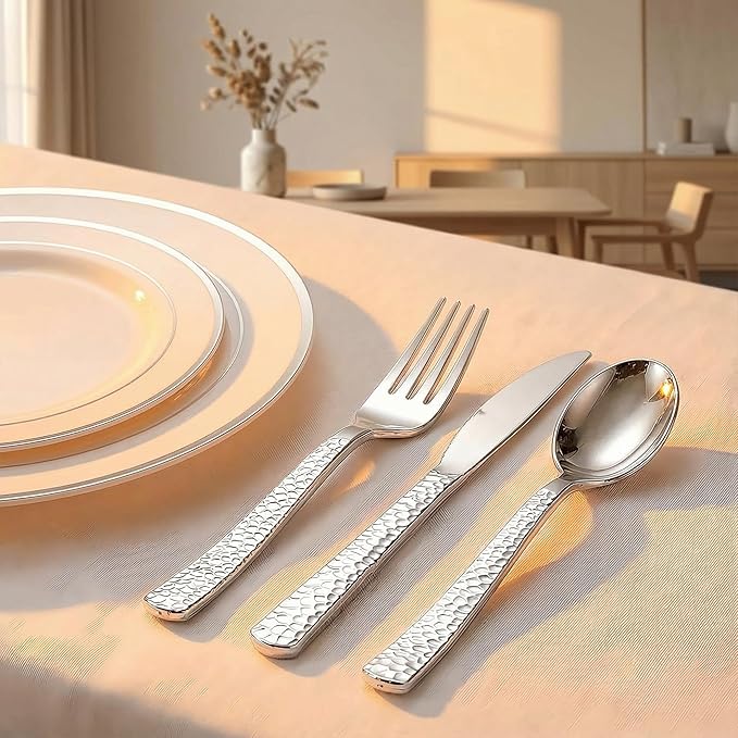 WELLIFE 100 Pack Silver Plastic Silverware, Pre Rolled Silverware Set Disposable,Plastic Cutlery Includes: 100 Forks, 100 Knives, 100 Spoons, 100 Napkins, Cutlery Set Disposable for Party and Wedding