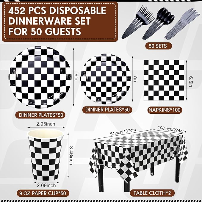 452 Pcs Checkered Flag Party Supplies for 50 Guests, Black and White Checkered Paper Plates Napkins Cups Tablecloth Cutlery Straws for Race Car Birthday Party Decorations