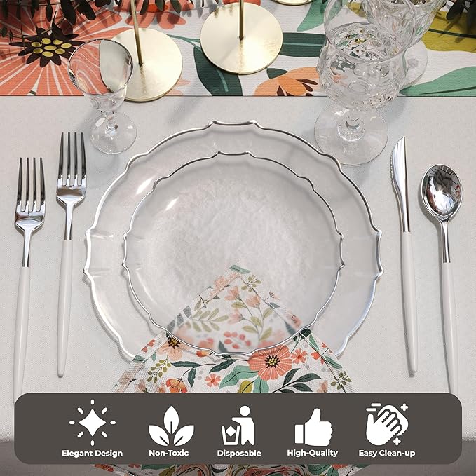 Exquisite Plastic Plates for Party 40 Piece Fancy Plastic Dinner Plates For 20 Guests 20 X 7.5 Dessert Plate & 20 X 10 Thin Delicate Disposable Dinnerware Charger Plate Clear Silver Rim