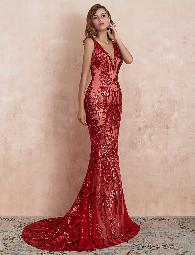 Women's Double V-Neck Sequins Lace-up Mermaid Evening Dress