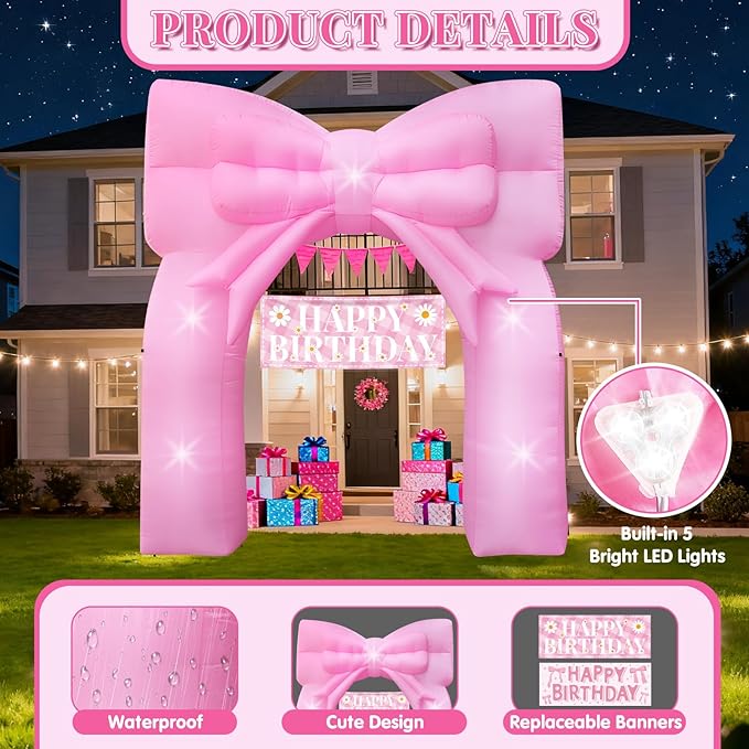 9FT Pink Bow Inflatable Arch Outdoor Decorations Giant Blow-up Pink Bow Arch Built-in 5 LED Lights for Birthday Party Decor Wedding Bachelorette Bridal Coquette Supplies for Women Yard Garden Lawn