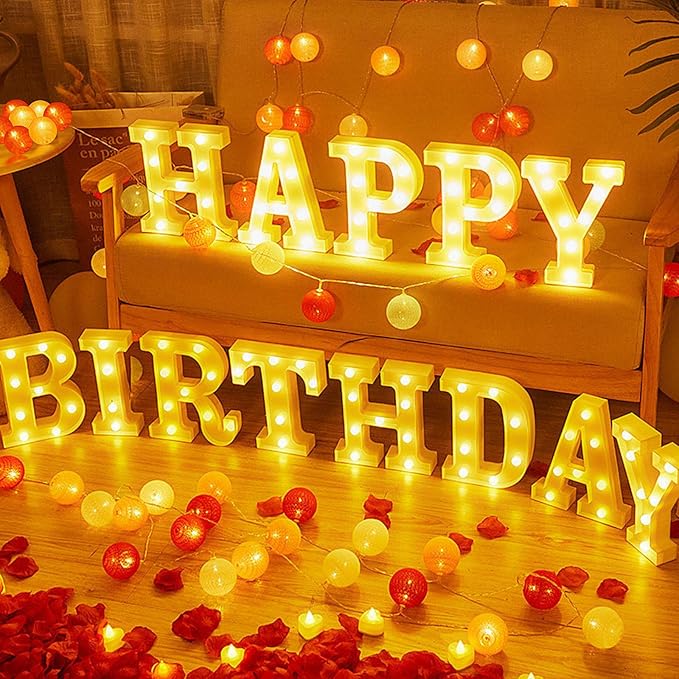 173pcs Happy Birthday LED Marquee Light Up Letters Sign Birthday Decorations with Crown Gold Foil Balloons and Banner for Anniversary Party Night Lamp Banquet Props