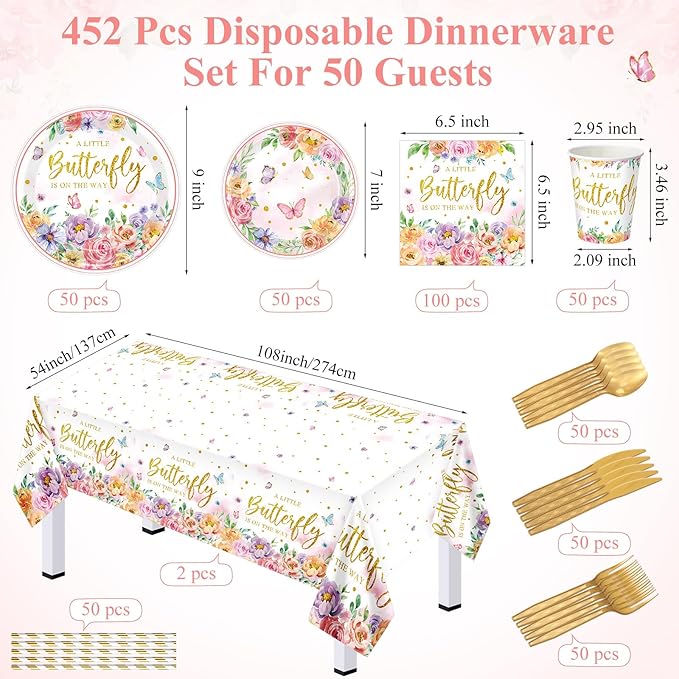 452 Pcs Floral Butterfly Baby Shower Decorations, a Little Butterfly Is on the Way Paper Plates Napkins Cups Tablecloth Cutlery Straws for Summer Floral Baby Shower Party Supplies