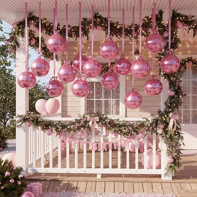 Jenaai 30 Set Valentine's Day Round Foil Balloons Bulk 22 Inch 4d Metallic Giant Balloons Set with Satin Bows Ribbon for Ceiling Holiday Ornaments New Year Birthday Wedding Party Decoration(Pink)
