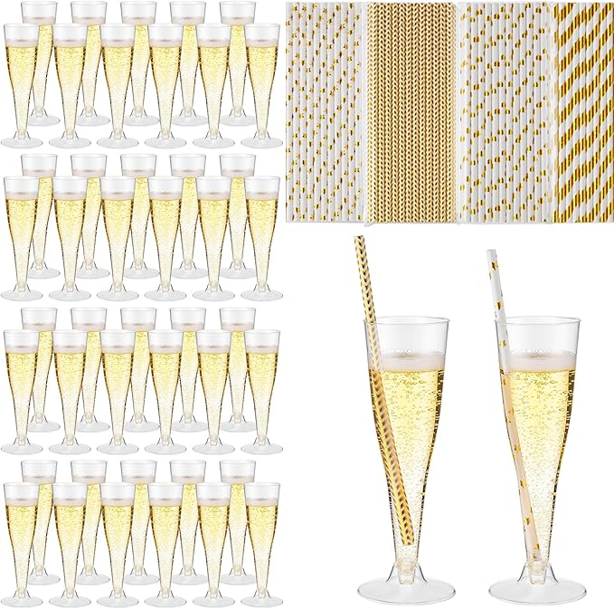 Remerry 200 Pcs Plastic Champagne Flutes 4.5 oz Clear Disposable Champagne Toasting Glass with Paper Straws, Mimosa Cocktail Cup for Valentine, Wedding, New Year, Birthday Party Supplies(Gold)