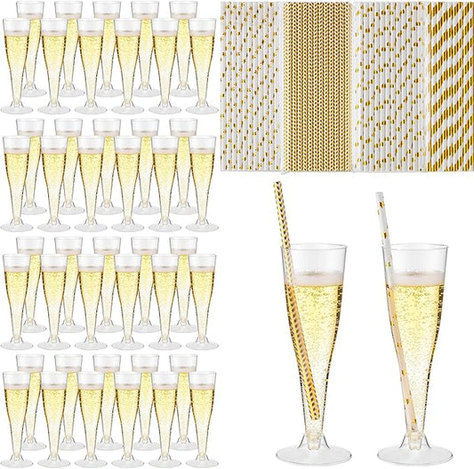 Remerry 200 Pcs Plastic Champagne Flutes 4.5 oz Clear Disposable Champagne Toasting Glass with Paper Straws, Mimosa Cocktail Cup for Valentine, Wedding, New Year, Birthday Party Supplies(Gold)