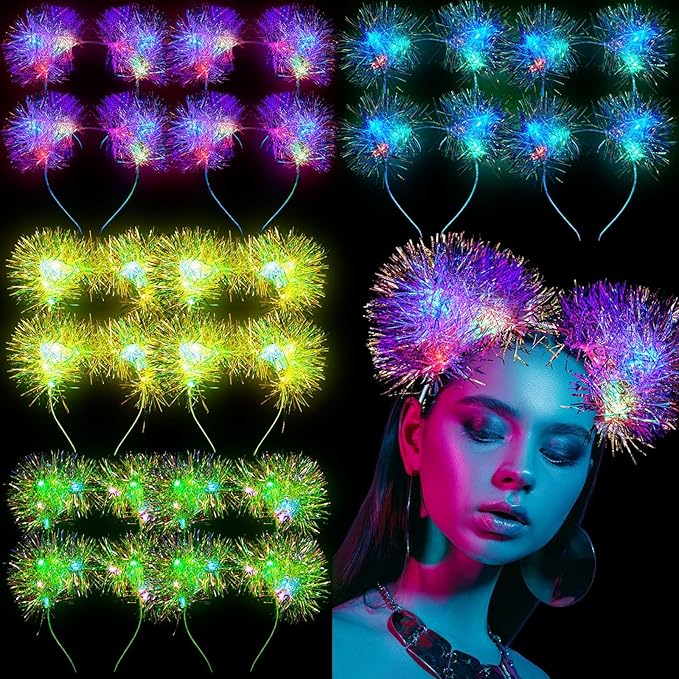 Juexica 16 Pcs Light up Cat Ears Headband with Color Change LED Cat Headband Rave Hair Accessories for New Year Party(Fresh Color)