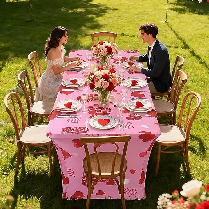 Oudain 2 Pcs Valentine's Day Stretch Table Cover 6 Feet Pink Heart Valentine's Day Spandex Table Clothes Sport Theme Party Decorations for Holiday Party Celebration Picnic Dinner Decor