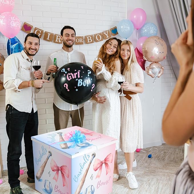 AmazingSpark 28in Jumbo Gender Reveal Gift Box Kit with Oversized Box Giant Pull Bows for Gender Reveal Baby Shower Birthday Party Decor (Baseballs or Bows)