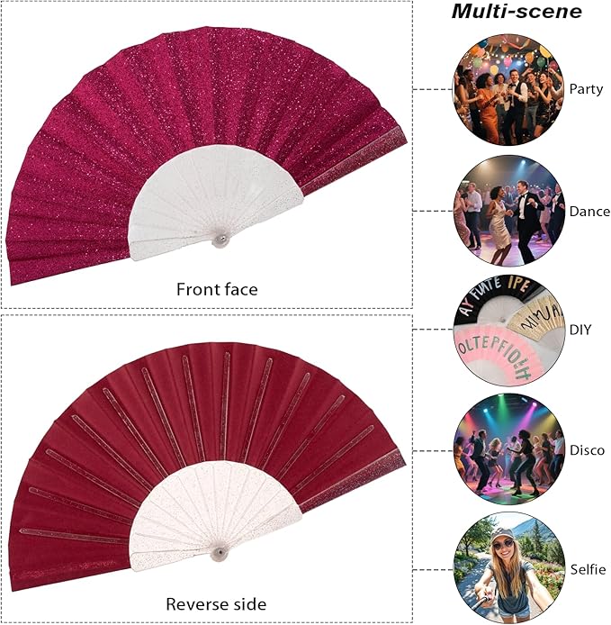 24 Pack Handheld Fan,Folding Hand Glitter fan with Shining Transparent Fan Rib – Ideal for Wedding, Church, Festival, Dance, Tea Party, Club, and EDM Accessories, Deep pink