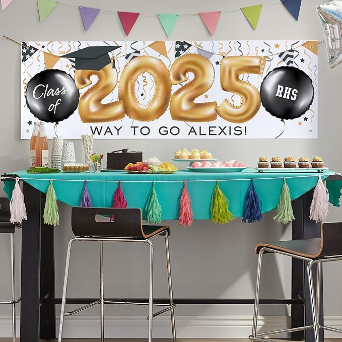 Let's Make Memories Personalized Graduation Banner - Class of 2025 Graduation Party - Custom Congratulations Banner - Indoor/Outdoor Vinyl - Up and Away - Balloons - 8 ft.