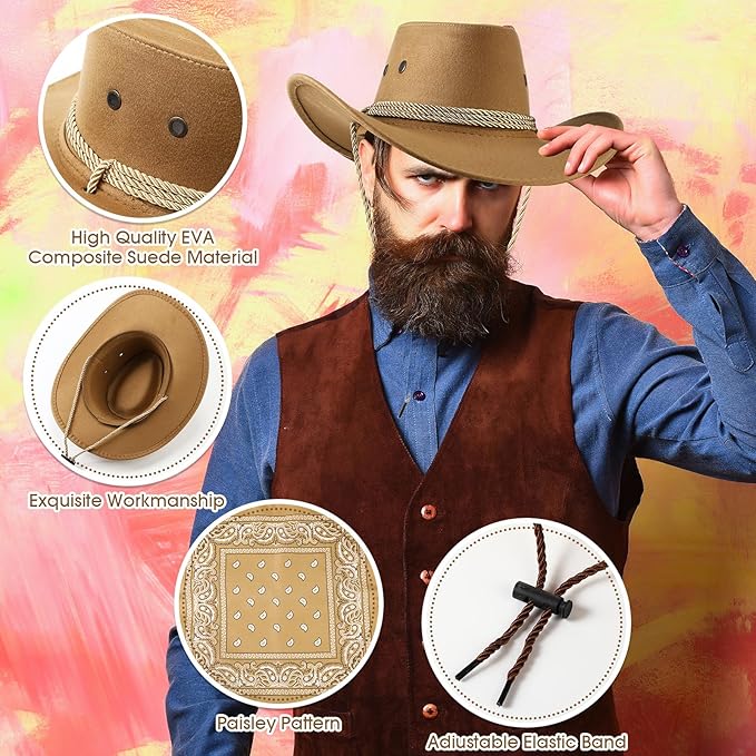 Zhanmai 12 Pcs Cowboy Hat and Bandana Cowboy Cowgirl Hats Bulk Western Party Costume Halloween Accessory