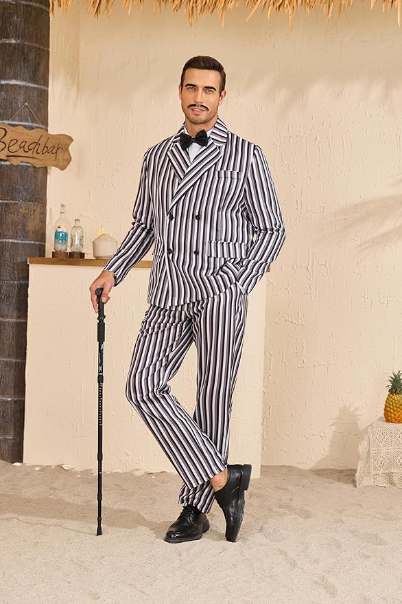Men's 1920s Gangster Costume Wig Pinstripe Suit Blazer Jacket Shirt Pants Set with Necktie Halloween Cosplay Outfits