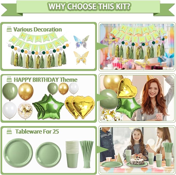 222 Pcs Sage Green Happy Birthday Decorations, Birthday Decorations for Women or Girl Kit- Disposable Dinnerware Set with 25 Guest, Balloons, Sash, Tiara, Banner, Paper Pom Poms