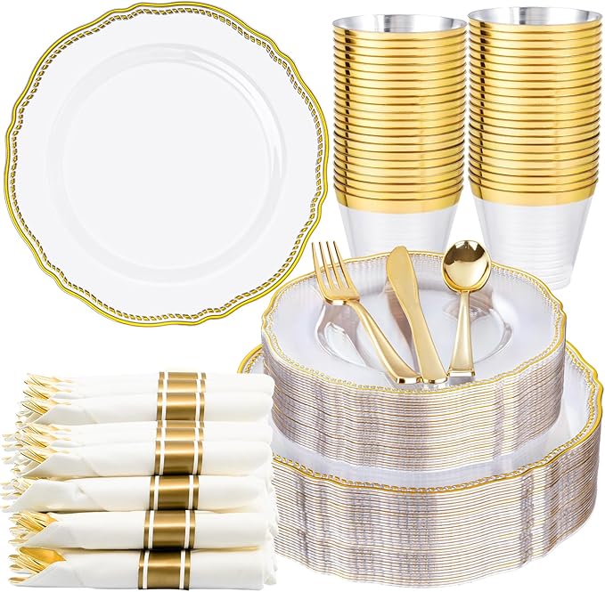 Hioasis 175pcs Clear Gold Plastic Plates - Gold Plastic Dinnerware Set Includes 25 Dinner Plates, 25 Dessert Dinnerware, 25 Cups, 25 Napkins Perfect for Wedding & Party