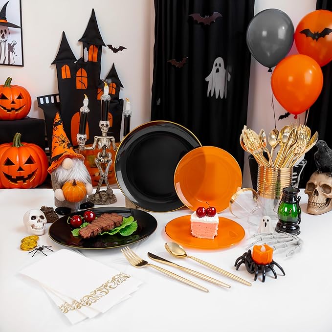 MirthMood 210PCS black and orange Plastic Plates,Black Disposable Plates –Plastic Plates Set Includes 30 Dinner,30 Dessert Plate,30 Cup&30 Napkins, 30 Gold Silverware for Wedding& Thanksgiving