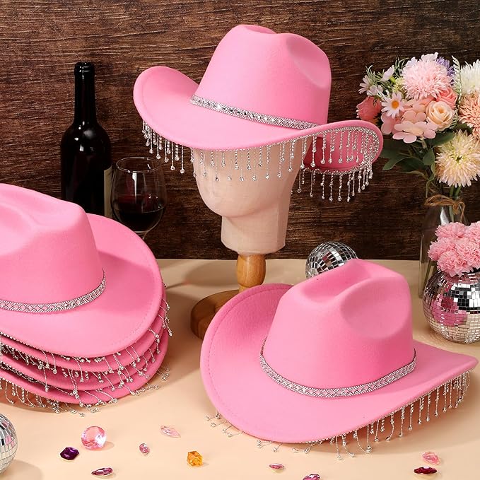 Hercicy 6 Pack Western Cowboy Hats with Rhinestone Tassel Bands Sequin Trim Sparkly Cowgirl Party Hats for Adults Women Men