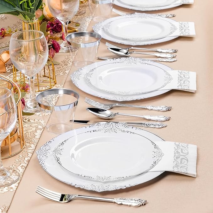 350PCS Silver Plastic Plates for 50 Guests, Disposable Dinnerware Set Includes 100 Disposable Plates, 150 Silver Silverware, 50 Cups, 50 Napkins for Party & Wedding