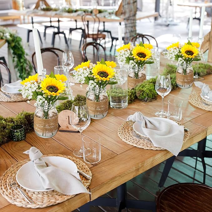 85 Pcs/ 12 Set Sunflower Mason Jar Table Centerpiece Mason Jar Vases Faux Floral with Rope Boho Rustic Flower Table Decoration for Reception Engagement Party Bridal Shower Wedding