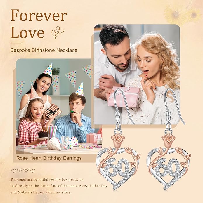 15th/ 16th/ 18th/ 50th/ 60th/ 80th Birthday Gifts for Women Daughter 925 Sterling Silver Love Heart Rose Flower Drop & Dangle Earrings Birthday Mothers Day Christmas Anniversary Graduation Jewelry
