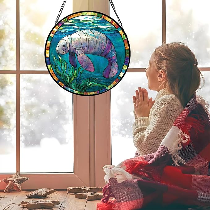 Stained Glass Window Hanging Blue Ocean Seaweed Manatee Large 15" - Suncatcher Door Garden Sunroom Sun Catcher Home Decor Birthday Christmas for Mom Men Woman Nana