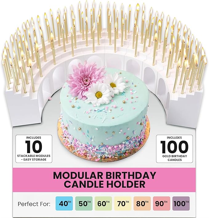 Modular Birthday Candle Holder Grandstand for Milestone Birthdays - Perfect for 40th, 50th, 60th, 70th, 80th, 90th, & 100th - Includes 100 Gold Birthday Candles - Cake Decorations