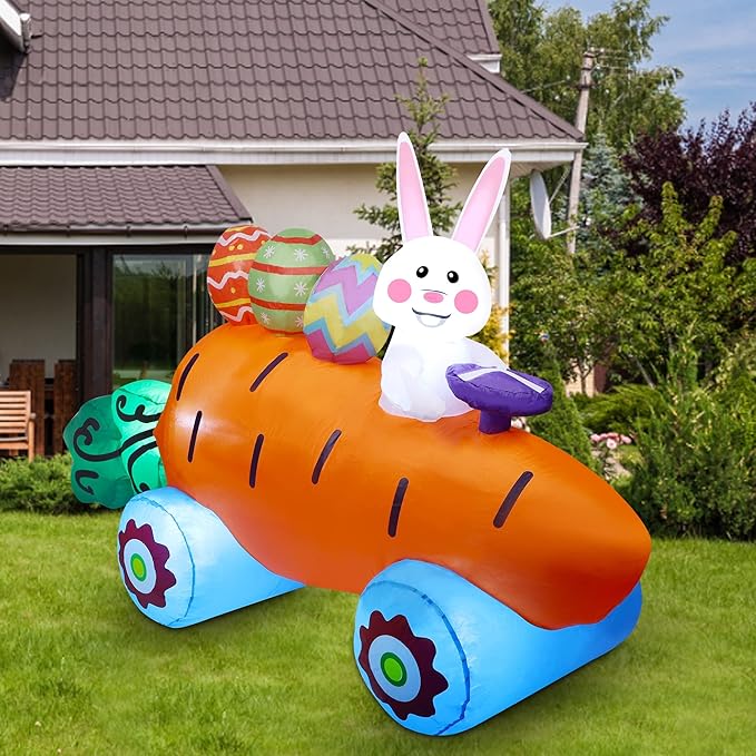 Easter Inflatables Outdoor Decorations, 6 FT Long Inflatable Bunny on Carrot Cart with Easter Eggs, Easter Blow up Yard Decorations for Indoor Outdoor Garden Lawn Holiday Party Decor