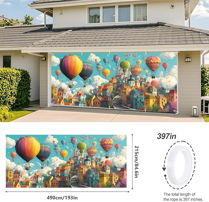 Hot Air Balloon Fantasy Garage Door Banner 7x16FT, Colorful Balloon & Sky City Garage Door Cover, Vibrant Outdoor Decoration for Spring & Summer