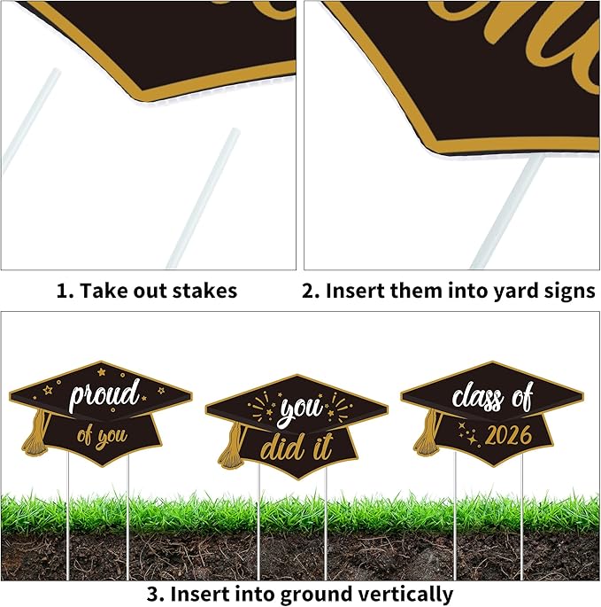 Aneco Waterproof 2026 Grad Yard Signs Plastic Graduation Yard Signs Party Outdoor Lawn Decorations 16 Inches Glitter Congrats Grad with Stakes for Outdoor, Lawn Party Decor (Black and Gold)